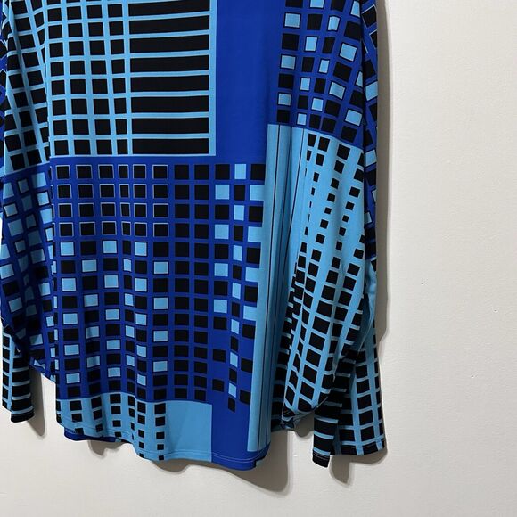 Josie Natori Popover Top Shirt M Stretch Knit Blue Geo Designer Long Sleeve NEW - Picture 9 of 11